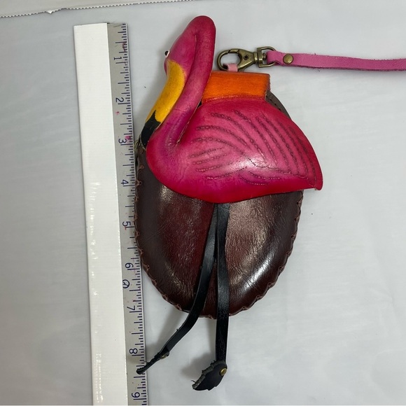 Flamingo Design Leather wristlet Bag. Hand crafted over stitch. Unique. Coins - Picture 8 of 10